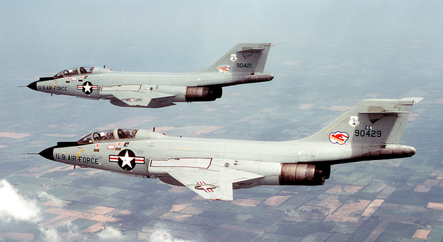A pair of two-seat F-101B interceptors belonging to the New York Air National Guard’s 136th Fighter Interceptor Squadron in 1981. (US Air Force)